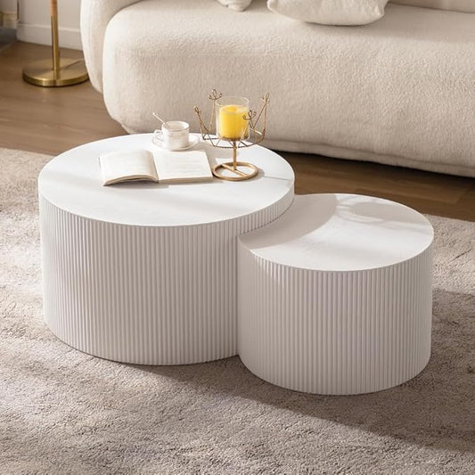 Round Nesting Coffee Table Set of 2 Small Round Coffee Tables for Living Room Modern Fluted Coffee Table Circular End Table Side Table for Small Spaces No Assembly (White A, 27 in)