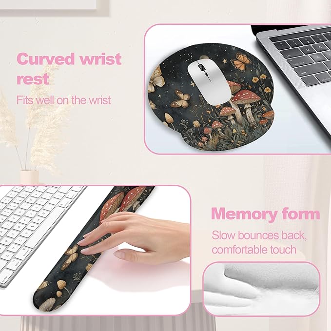Mushroom Flower Butterfly Magic Mouse Pad with Wrist Rest and Keyboard Wrist Rest Set, Non-Slip Rubber Base Memory Foam Mouse Pad Set for Women, Office Desk Accessories, Gaming