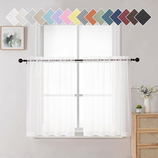 Aiyufneg White Sheer Curtains 36 inch Length Kitchen Tiers Short Voile Curtains/Drapes Solid Sheers Cafe Curtains Voile Bathroom Small Half Window Curtains 2 Panels Set, Rod Pocket, 40" Wx36 L