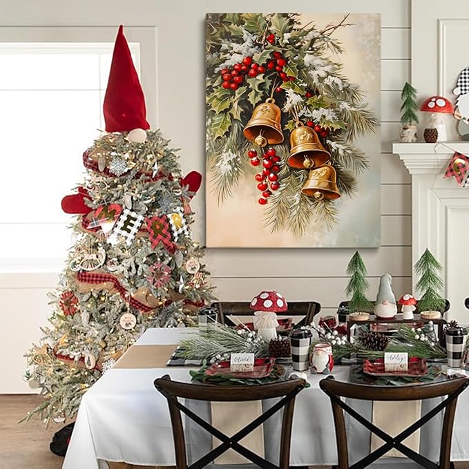 Winter Jingle Bells Christmas Wall Art Christmas Canvas Prints Posters Holiday Decor Brass Bells Art Holly Neutral Art Winter Country Room Living Room Decor 16x24"Unframed