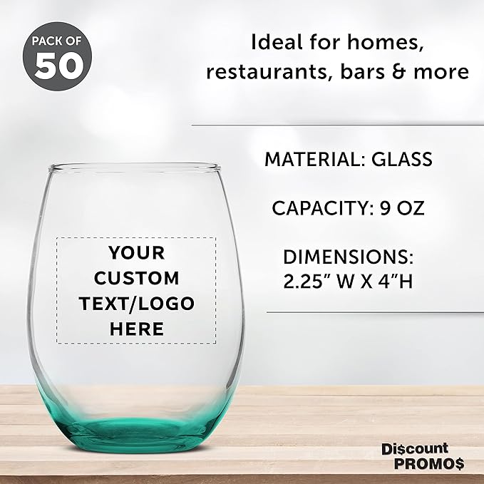 Custom Stemless Wine Glass 9 oz. Set of 50, Personalized Bulk Pack - Great for Wedding Favors, Bachelorette Party Decorations, Party Favors, Color Bottom - Green