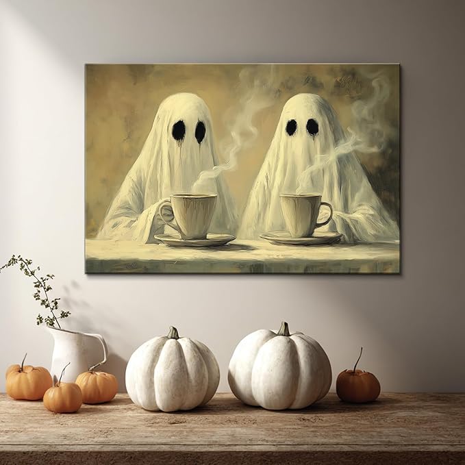 BANHUA1 Vintage Halloween Canvas Wall Art, Two Ghosts Drinking Coffee Picture Print, Dark Academia Wall Decor for Home, Living Room, Bedroom, 32 x 24 Inch