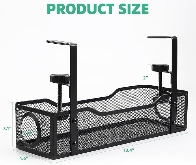 Under Management Tray Kit No Drill, Metal Mesh Cable Management Under Desk Cable Tray with Clamp for Wire Management and Cord Organizer Cable Rack for Home Office Desk (Black)