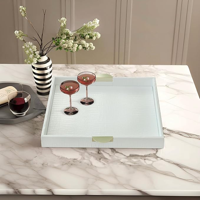 HofferRuffer Faux Leather Decorative Serving Tray, Elegant Coffee Table Ottoman Tray, Breakfast, Drinks, Liquor Serving Platter, White Croco Finish with Gold Hardware Handle (Square)