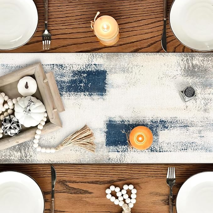 OYIMUA Blue and White Abstract Modern Table Runner, Art Rustic Kitchen Dining Table Decor for Holiday Home Party 13x72 Inches