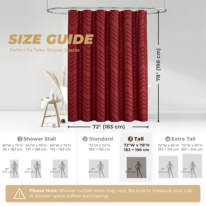 78inches Long Burgundy Shower Curtain Boho Farmhouse Shower Curtain 72 x 78 Tufted Chevron Textured Minimalist Shower Curtains for Bathroom