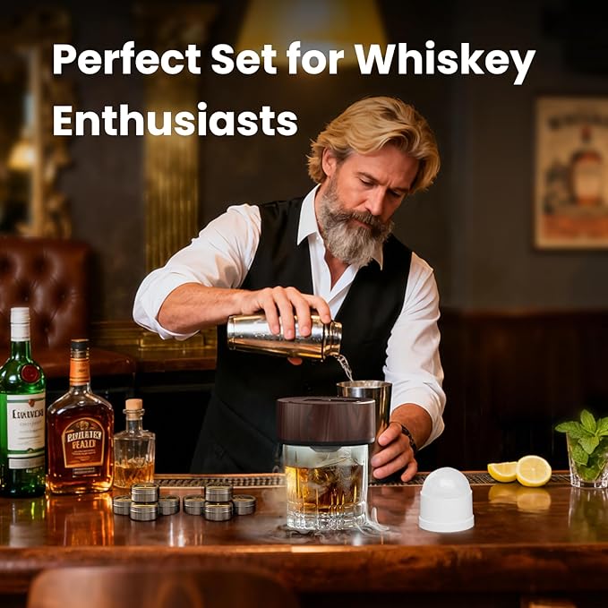 Electric Whiskey Smoker Kit with 8 Wood Chip Flavors – Rechargeable Whiskey Smoker Set with Built-in Ignition, Fuel-Free – For Men, Dad, Husband on Special Occasions – Wood Grain Design