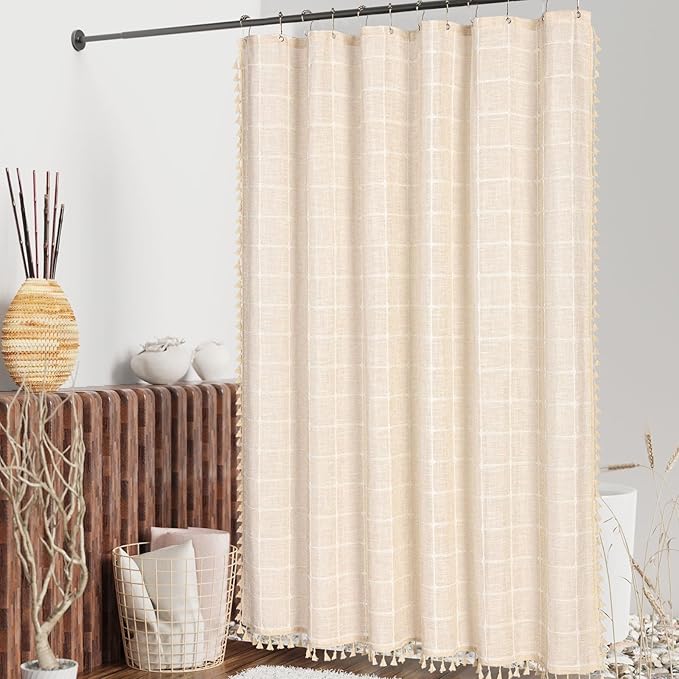 MitoVilla Boho Small Stall Shower Curtain 36 x 72, Beige Narrow Polyester Linen Fabric Shower Curtains for Farmhouse Bathroom Decor, Half Size Cloth Shower Curtain Set with Hooks, Cream