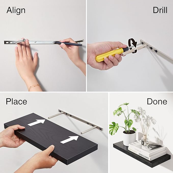 BAYKA Floating Shelves 22.5 inches, Wall Mounted Shelves Rustic Wood for Bathroom, Bedroom, Living Room, Floating Shelves for Books/Storage/Decor with 22lbs Capacity(Satin Black,Set of 3)