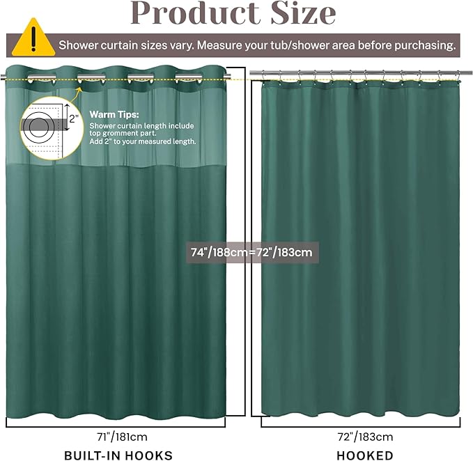 No Hook Slub Textured Shower Curtain with Snap in Liner - Peacock Blue Fabric Outer Curtain & Waterproof Inner Liner, Hotel Style with See Through Top Window, 71x74 in
