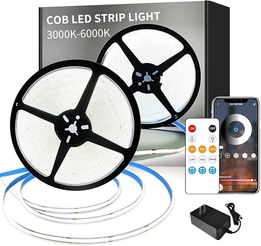 COB LED Strip Lights 6000K 65.6ft DC 24V Dimmable White Flexible LED Tape Light for Bedroom, with Remote and app Control LED Tape Lights CRI90+,forLiving Room, Shelf, Cabinet Home Decoration
