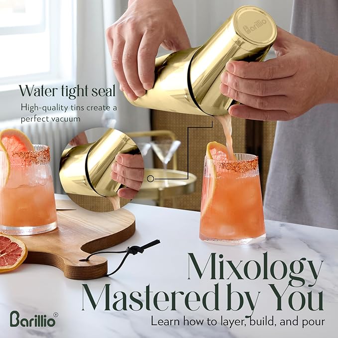 Barillio Gold Boston Shaker Set - Stainless-Steel, Weighted Martini Cocktail Shaker Set w/Strainer & Drink Mixer - Mixology Bartender Kit - Bar Set for The Home - 9-pc Drink Shaker Set - Bar Tools