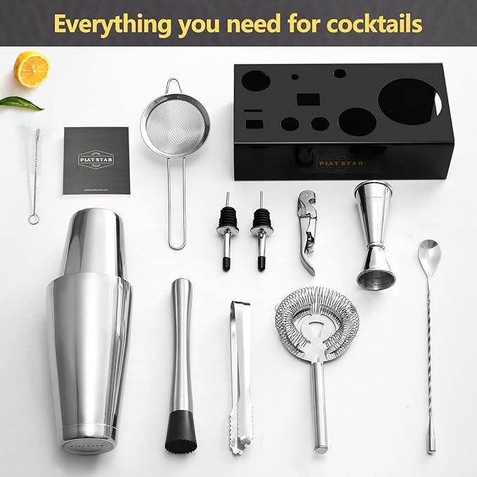 Mixology Bartender Kit | Home Bar Set Cocktail Shakers Bartending Kit | Bar Tools Boston Shaker Set with Stand | Professional Drink Mixing Martini Shaking Tins Barware Set w/Strainer