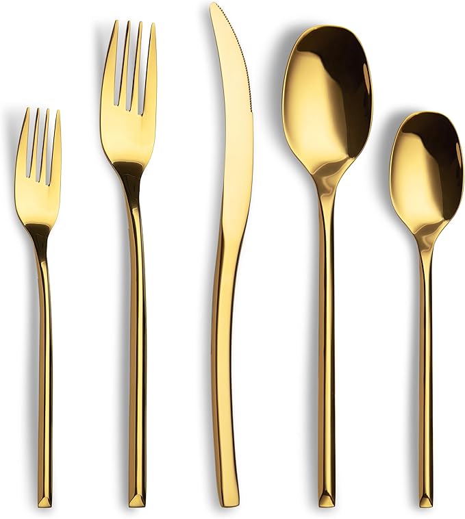 Lemeya 40-Piece Gold Silverware Set for 8,Modern 18/10 Stainless Steel Flatware Set,Luxury Cutlery Set,Unique Utensils Set for Restaurant,Spoons and Forks Set,Mirror Polished,Dishwasher Safe