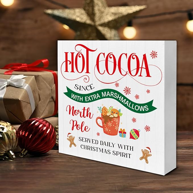 Christmas Decorations Indoor Home Decor, Hot Cocoa Wooden Sign, Gingerbread Wooden Block Sign, Christmas Decor for Table Shelf 5 x 5 Inch