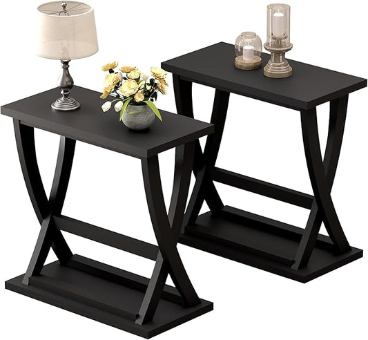 ChooChoo Black End Tables Living Room Set of 2, Narrow Side Table with Storage Shelf, Modern X-Design Slim End Table for Living Room, 11.8" D*23.6" W*23.4" D