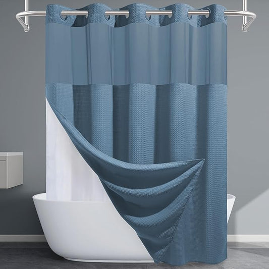 Moonlight Blue Long No Hook Shower Curtain with Snap in Liner,230GSM Waffle Weave Shower Curtains for Bathroom,71W x 86H