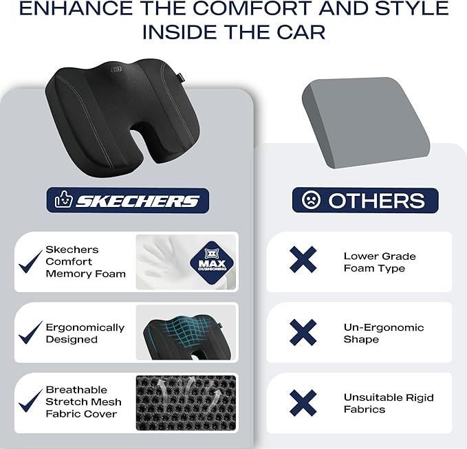 Skechers Seat Cushion, Air Cooled Memory Foam Cushion for Office Chair,Ergonomic Office Desk Accessories for Tailbone Pain Relief,Chair Cushions for Long Sitting Office Workers,Car Drivers,Black