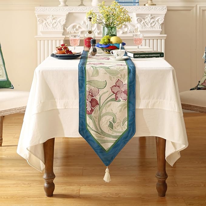 patdrea Designer Elegant Bright Linen Extra Long Table Runner 118 Inch Long, Mauve Iris Floral Pattern Table Mat, Decoration for Kitchen Dining Coffee Table Cabinet Banquet Christmas ,12"*118"