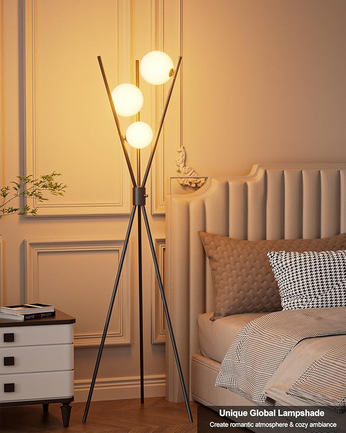 Lightdot 60IN Dimmable Black Tripod Floor Lamp Mid Century Standing Lamps with 3Pcs 3000K G9 Bulbs Globe Eye Care&Stable Base Modern Tall Lamp for Living Room Bedroom Office
