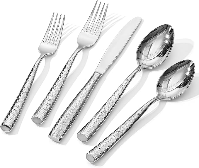 Kingstone Hammered Silverware Set, 40-Piece Flatware Set for 8, 18/10 Stainless Steel Heavy Duty Cutlery Set, Mirror Polished Utensil Sets for Home, Restaurant, wedding, Dishwasher Safe
