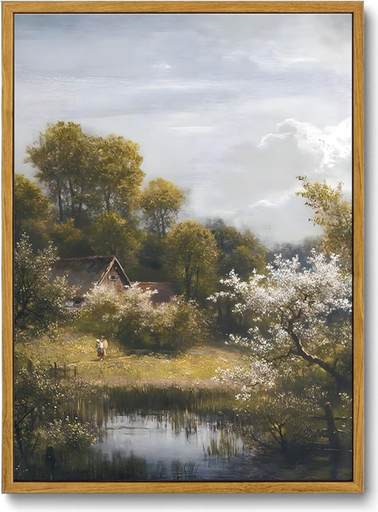 KISSFOX Vintage Rustic Cottage Landscape Canvas Wall Art Spring Countryside Framed Wall Art Farmhouse Retro Art Prints Artwork For Living Room Bedroom Kitchen