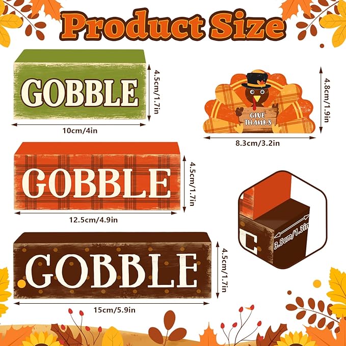 4 Pcs Fall Decorations for Home Thanksgiving Turkey Tiered Tray Decor, Fall Table Decor Farmhouse Rustic Wooden Turkey Block Sign Autumn Harvest Tabletop Centerpieces for Home Kitchen Indoor