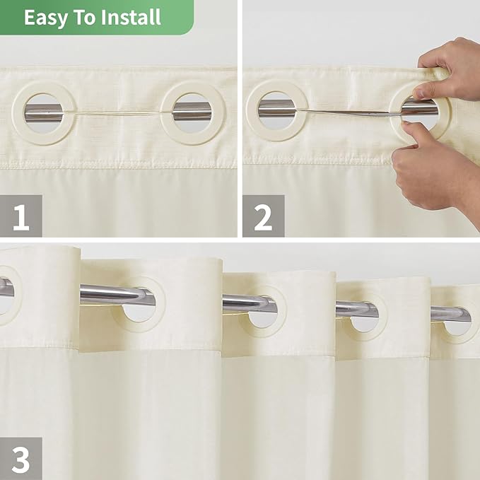 Cream No Hook Shower Curtain with Snap-in Fabric Liner Set,Slub Textured Fabric Shower Curtains for Bathroom,Hotel Style Modern Shower Curtain,Water Repellent & Washable,71x77(75)