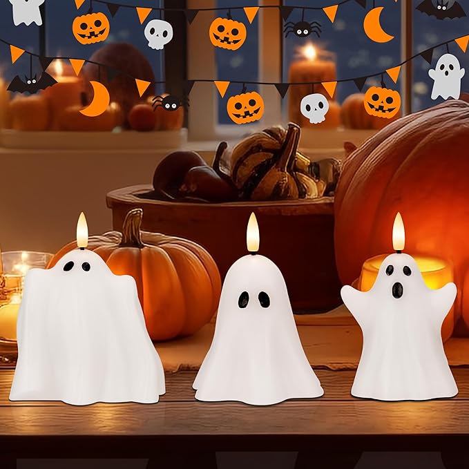 Halloween Flameless Candles with Remote, Real Wax Ghost LED Candles, Flickering Battery Operated Fake Candle, Halloween Decorations for Table,Fireplace, Home, Party, Festival Decor (Set of 3)