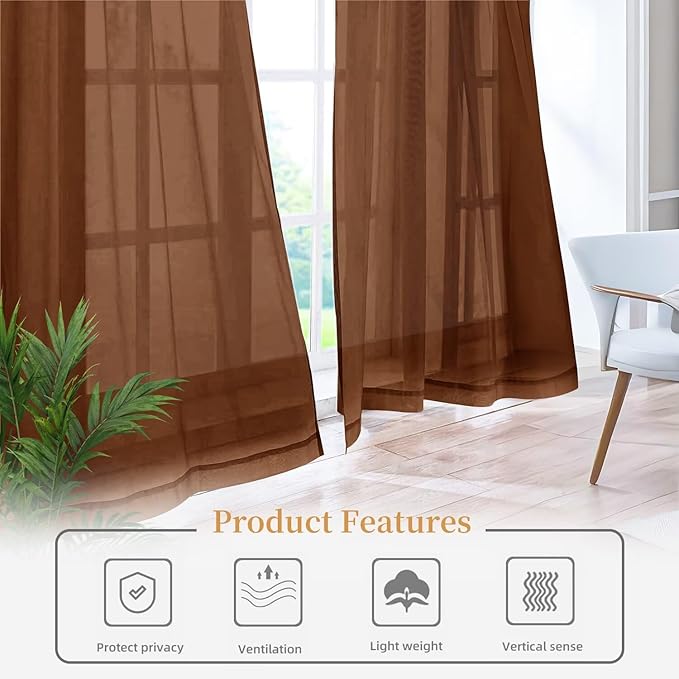 Sheer Curtains 72 Inches Long 2 Panels, Rod Pocket Short Curtain for Kitchen, Bedroom, Cafe Window(Brown 38" W x 72" L)