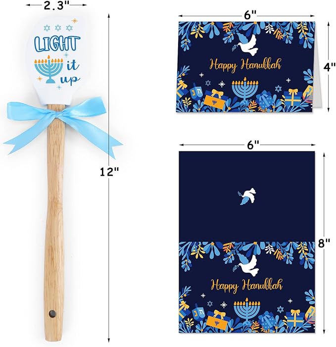 Hanukkah Silicone Spatula 3PCS Flexible Food Grade Gift Idea for Mom Heat Resistant Kitchen Utensil Home Decor Baking Housewarming Birthday Wedding with Wooden Handle and Ribbon Bow with greeting card