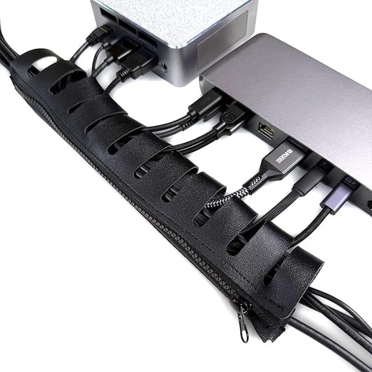 Under Desk Cable Organizer 2-Pack – PU Leather, Zipper Closure with 10 Cable Slots, Tool-Free Mount, Connectable Design for Home and Office Wire Management (Black)