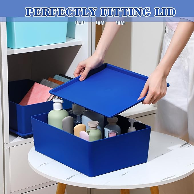 Menkxi 4 Pcs Storage Bins with Lids Plastic Containers Stackable Storage Box Baskets for Organizing Shelves(Dark Blue, Light Blue,Large)