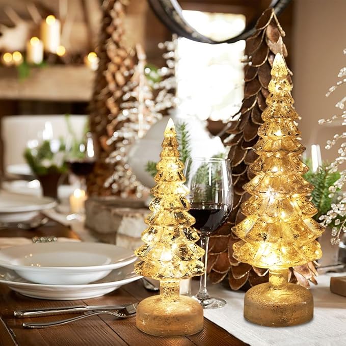 YEAHOME Christmas Decorations Indoor, Set of 2 Glass Christmas Trees with Lights for Home Decor, Christmas Table Decorations Xmas Tree with Timer for Living Room Fireplace Mantel Tabletop Party Decor