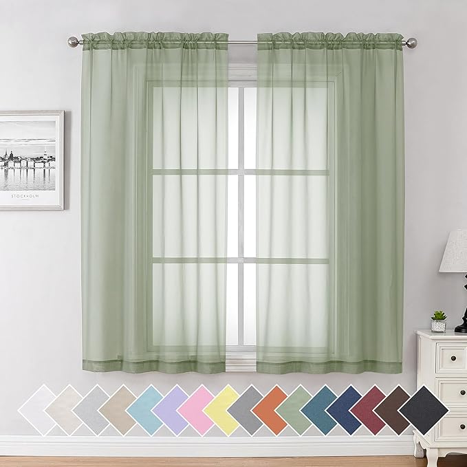 Aiyufeng Sage Green Sheer Curtains 63 inch Length 2 Panels Set for Farmhouse Kitchen Room, Elegant Light Filtering Voile Window Treatments, Each is 40W x 63L Inches