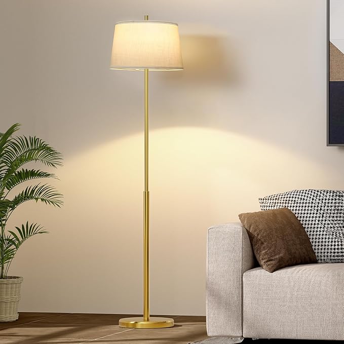 Oneach 61" Floor Lamp for Living Room, Gold Modern Standing Lamp with White Linen Shade, Brass Tall Pole Light with Rotary Switch for Bedroom, Office, Reading Room