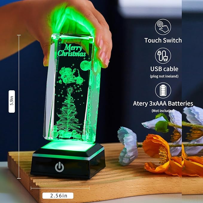 3D Crystal Night Light, K9 Crystal LED Lamp with Light Base, Merry Christmas Gifts for Kids, Women, Teens, Boys, Girls, Anniversary, Birthday, Holiday Room Decor(Merry Christmas)