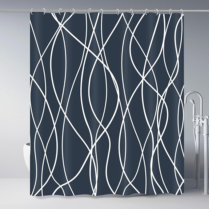 Punkray Aegean Blue Shower Curtain for Bathroom with Hooks, Shower Curtain Set, White Stripe Bath Curtains Decorative Shower Curtains Water Repellent Washable, 72 x 72