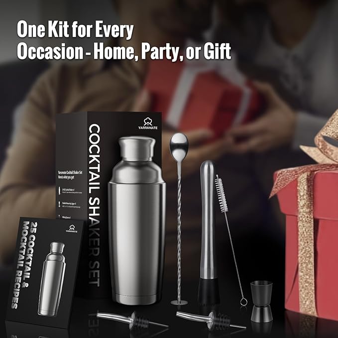 YARRAMATE 8Pcs 24oz Hybrid Vacuum Insulated Cocktail Shaker Set with Strainer, Premium Double Wall Stainless Steel Martini Shaker for Home Bar Bartending with Leakproof Seal, 25 Recipes | Gift Set