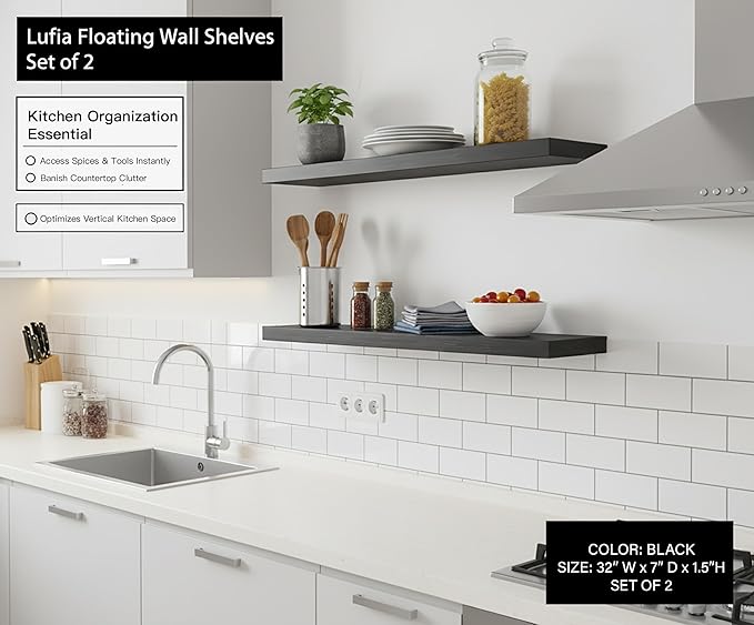 Lufia Floating Wall Shelves, Set of 2, MDF with Invisible Brackets, Modern Storage for Bedroom, Bathroom, Living Room, Kitchen (Black, 32" W x 7" D x 1.5" H)