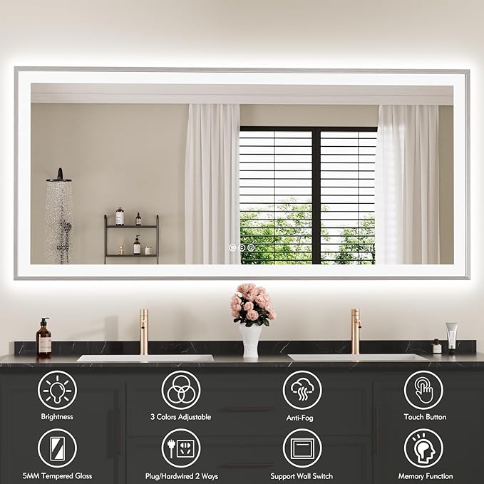 60x28 Silver LED Bathroom Mirror, Rectangle Brushed Nickel Lighted Mirror for Wall, Stepless Dimmable Led Vanity Mirror with Front-lit and Backlit, Tempered Glass, Anti-Fog, Memory
