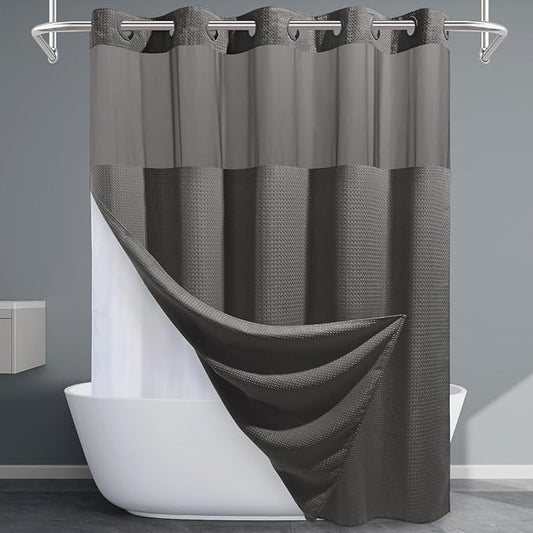 Charcoal Grey Long No Hook Shower Curtain with Snap in Liner,230GSM Waffle Weave Shower Curtains for Bathroom,71W x 86H