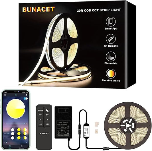 20ft COB LED Strip Lights, Bluetooth Smart App Tunable 3000K~6500K White Daylight to Warm White Light Strip with Remote Dimmable for Bedroom Kitchen Home Lighting