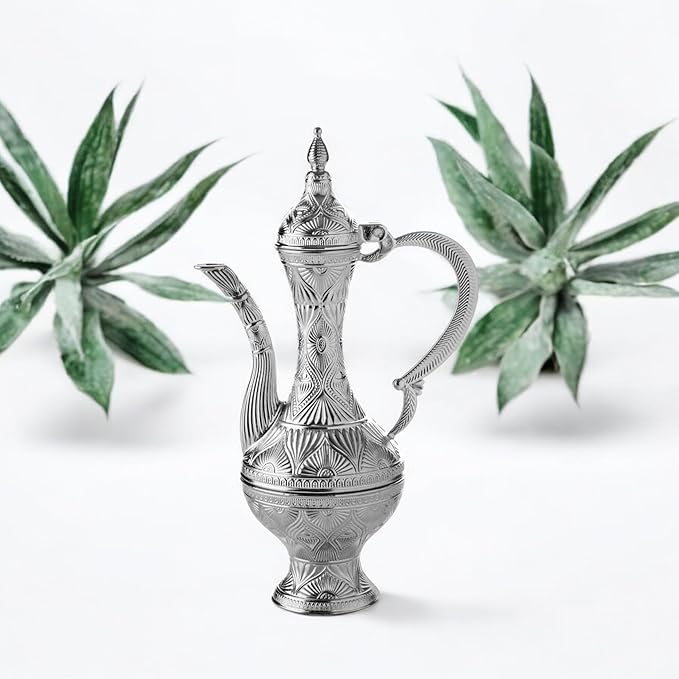 Alisveristime Small Decorative Zamac Ewer – Miniature Ottoman-Inspired Ornate Pitcher with Lid for Home Décor (8.27” x 4.72” x 2.76”) (Silver)