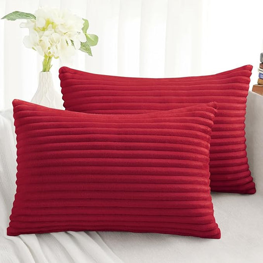 Simmore Decorative Fall Throw Pillow Covers 12x20 Set of 2, Soft Natural Plush Flannel Double-Sided Fluffy Lumbar Pillow Covers for Couch Sofa Living Room, Red
