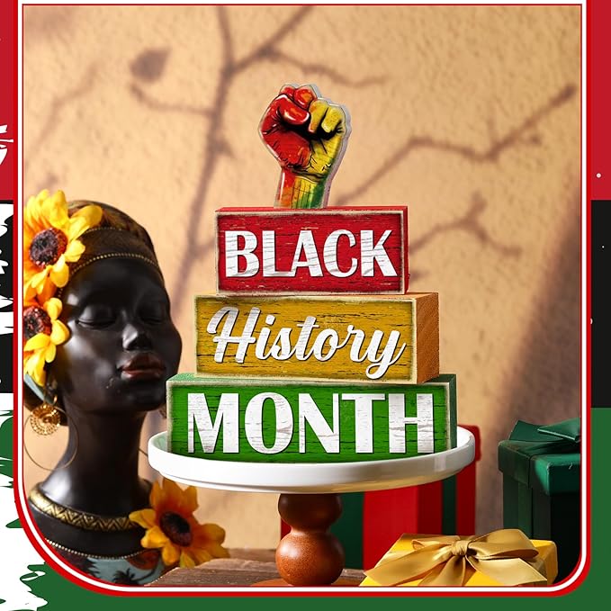 4 Pcs Wooden Black History Month Tabletop Decor Tiered Tray Decor Centerpiece Rustic Decorative Block Signs Gift Farmhouse Winter Table Decoration for Home Kitchen