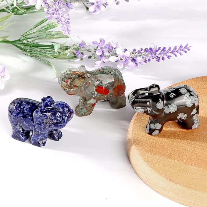 SMQ Snowflake Stone Crystal Elephant Statue,Hand Carved Quartz Healing Gemstone Elephant Figurine Crafts Gifts Collectible Decor for Home Office Desk(2Inches)