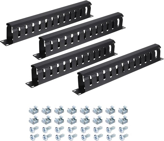 PATIKIL 1U 19 Inch Cable Management, 4 Pack 12 Slot Horizontal Rack Mount Wire Management Metal Finger Duct Wire Organizer for Network Cabinet, Black
