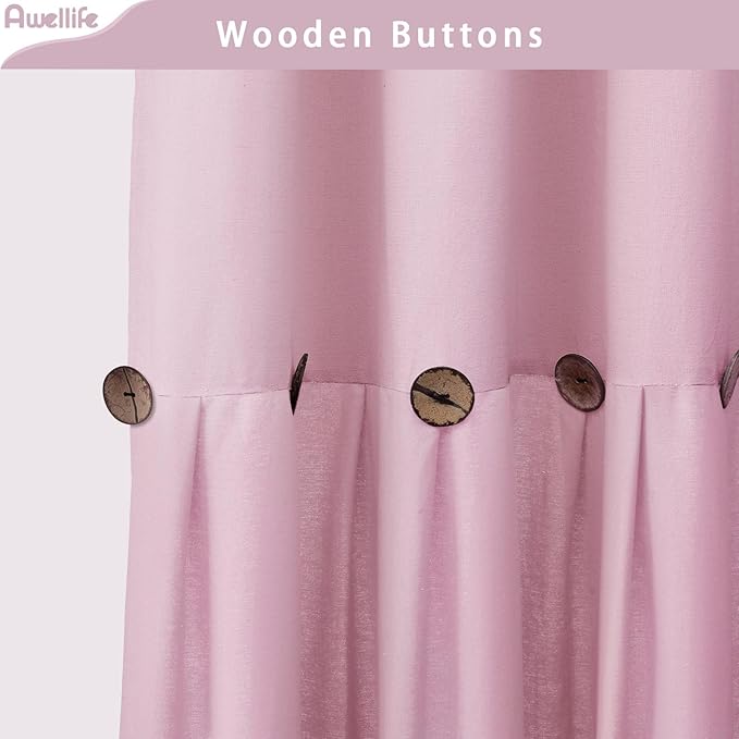 Awellife Farmhouse Pink Shower Curtain Button Linen Textured Woven Fabric,Country Style,72x72 Inch