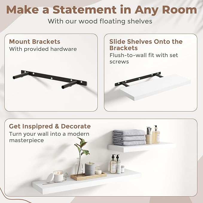 40 Inch Floating Shelves for Wall Set of 2, 8"D Wood Grain Bathroom Shelves with Invisible Brackets, Easy Install Engineered Wood Storage Shelves for Kitchen, Living Room, Bedroom, White Finish